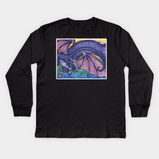 Purple Dragon Ferret - White Outlined Version Kids Long Sleeve T-Shirt